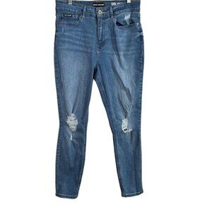 DKNY Jeans Womens Sz 10 Medium Skinny High Rise Denim Ripped Pants Stretch Blue